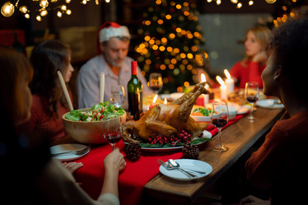 Table of roast turkey and food in christmas and new year party of American family at home, family member enjoy home made turkry grill dining togather in houseの写真素材