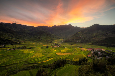 view point of rice field and terrace rice field between road to mu cang chai from Hanoi city in Tu le vilage, yen bai city, Vietnam nearの写真素材