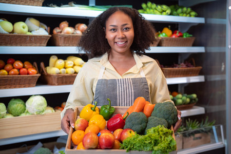African american woman grocery working in supermarket with fruit and vegetable background, owner business man for shopping storeの写真素材