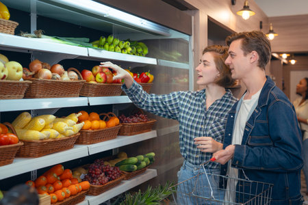 Couple shopping vegetable togather  on shelf in freezer in convenience storeの写真素材