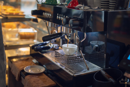 Women barista in an apron making coffee with coffee maker machine in a coffee shopの写真素材