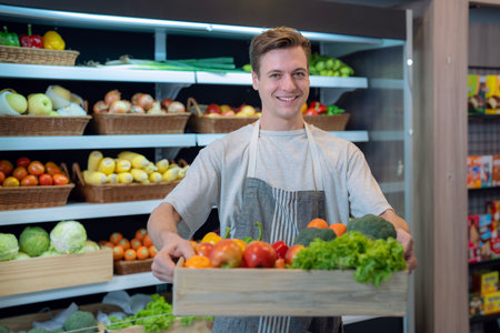 American man grocery working in supermarket with fruit and vegetable background, owner business man for shopping storeの写真素材