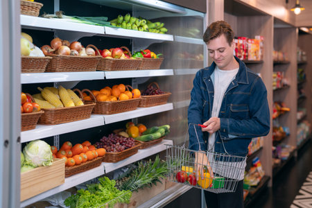 An European man buy a fruit and vegetable from refrigerator cold in food onvenience store for drink at homeの写真素材