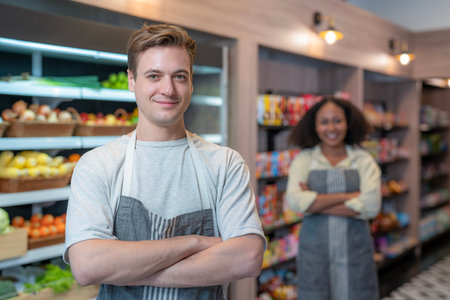 American man grocery working in supermarket with fruit and vegetable background, owner business man for shopping storeの写真素材