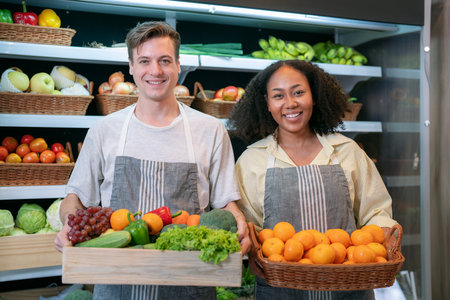 American man grocery working in supermarket with fruit and vegetable background, owner business man for shopping storeの写真素材