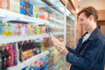An European man but a bottle of mineral water from refrigerator cold in onvenience store for drink at homeの写真素材