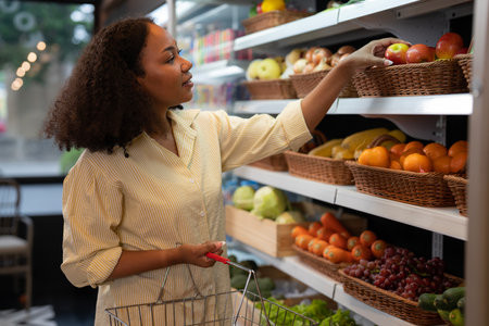 An african american woman buy a fruit and vegetable from refrigerator cold in food onvenience store for eat at homeの写真素材