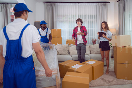 Workers unloading boxes from van outdoors. Moving service and customer need for move to new houseの写真素材