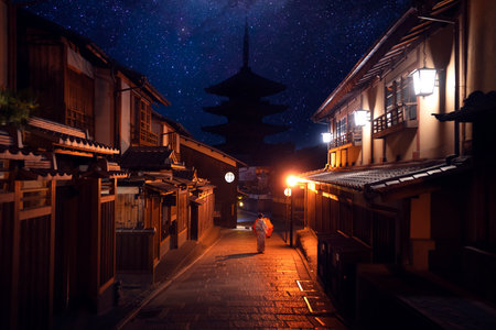 Morning and night time photo for Gion and Yasaka in Kyoto old town in Japanの写真素材