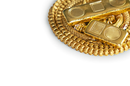 Gold bar and Gold Jewellery on white backgroundの写真素材