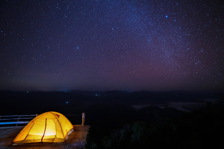 Tent in camping location at Mon Kalakojo with star and mountain view, Tak, Northern of Thailandの写真素材