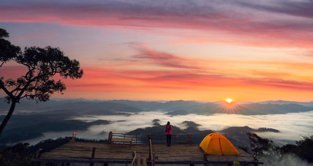 Asian traveller woman take a photo by her camera on the top of mon Kalakojo at Tak with sunrise and fog background on the morning time, Winter season of view point near Chiang mai, Thailandの写真素材
