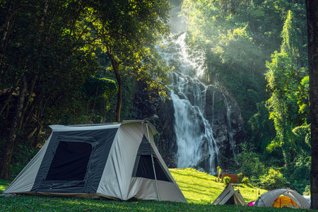 Tent and camping with Mae Tia waterfall and mountain background at inthanon national park in Chiang mai, Thailand, un seen travel point for camping and relax in holidayの写真素材