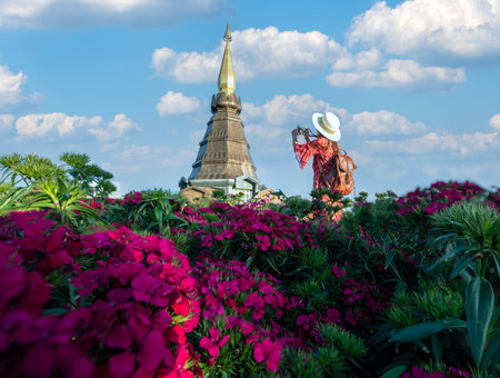 Asian traveller woman walking pagoda park on the top of mountain with flower and blue sky at doi Inthanan national park, Chiang mai, northen of Thailandの写真素材