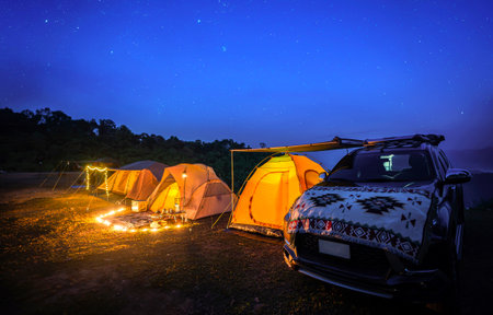 Tent in camping location at Mon Kalakojo with star and mountain view, Tak, Northern of Thailandの写真素材