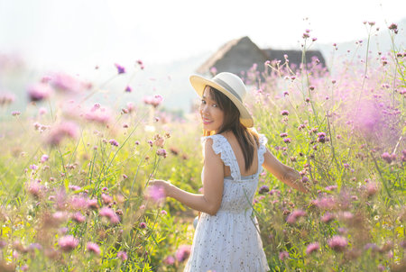 Flower in garden at Phu pha muak with asian woman traveller on Doi Inthanon mountain national park, Chiang mai, Chiang dap, Thailand on winter time about December to Januaryの写真素材