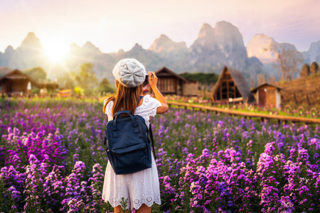 Flower in garden at Phu pha muak with asian woman traveller on Doi Inthanon mountain national park, Chiang mai, Chiang dap, Thailand on winter time about December to Januaryの写真素材