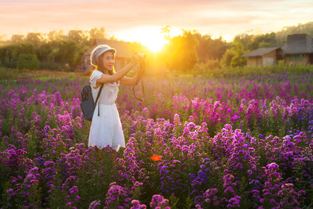 Flower in garden at Phu pha muak with asian woman traveller on Doi Inthanon mountain national park, Chiang mai, Chiang dap, Thailand on winter time about December to Januaryの写真素材