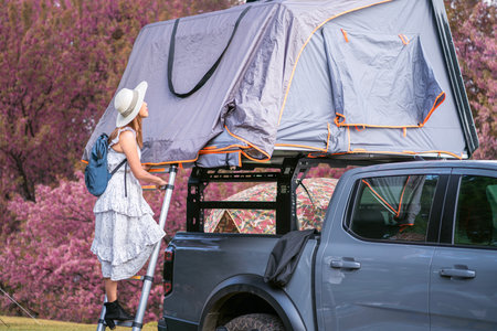Japanese traveller woman travel and move to her camping car with sakura flower background at tokyo, Japanの写真素材