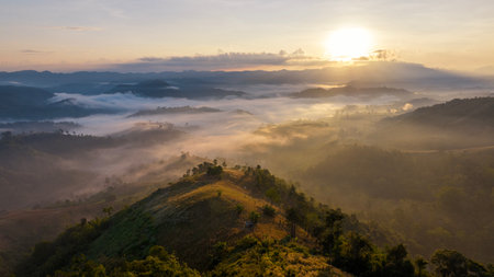 mon mok tawan, tent and camping at Tak with fog mountain and sun rise backgroung, Mon Saeng Tawan, Tak, Thailandの写真素材