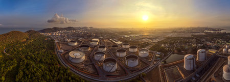Top view of oil refinery plant and oil tank at Laem chabang industrial zone, Chonburi, Thailandの写真素材