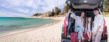 Isolated of asian family sit on back side of SUV car, happy talking togather between travelの写真素材