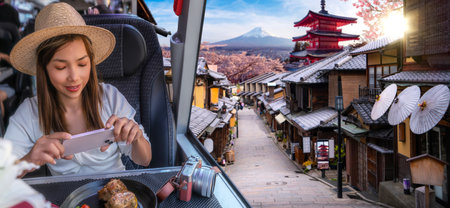 Asian traveller woman on a train with Japan travel location view and take a food photo on table.の写真素材
