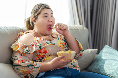 Asian over size fat woman enjoy over eating on the living room, un healthy foods and junk food concept photoの写真素材