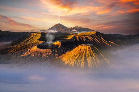 Mount Bromo, is an active volcano and part of the Tengger massif, in East Java, Indonesia.の写真素材