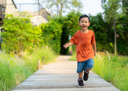 Asian boy play a wooded toy on the grass in green garden and city park in bangkok cityの写真素材