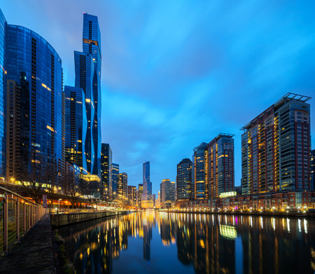 Chicago Downtown. Image of Chicago downtown riverfront at sunset.の写真素材