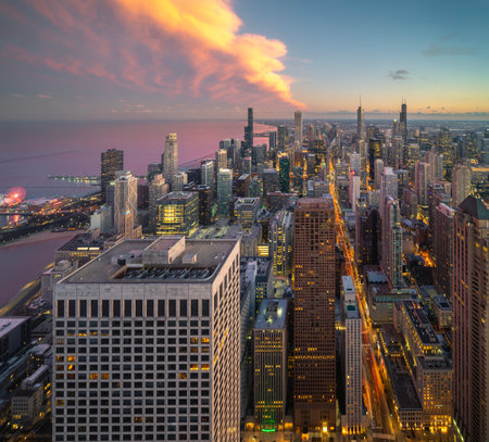 Chicago building city view from observation deck high level with sunset sky, cityscape of Michihan, USA, United states of americaの写真素材