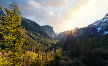 panorama photo of yosemite national park view with waterfall , yosemite valley, USAの写真素材