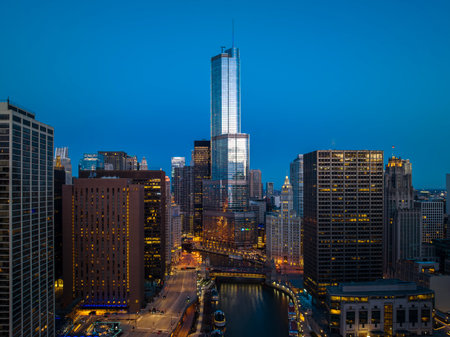 Cityscape of Chicago Riverwalk at Dusable bridge over Michigan river , Chicago city, USAの写真素材