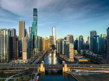 Cityscape of Chicago Riverwalk at Dusable bridge over Michigan river , Chicago city, USAの写真素材