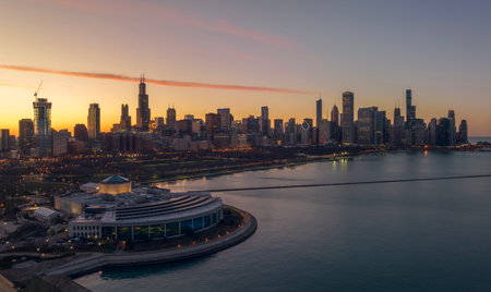 Cityscape of Chicago Skyline aerial skyscrapers view and sea port, vintage colors, Michigan, Chicago, USAの写真素材