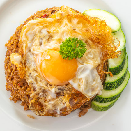 Basil Rice with Fried Egg in white dish to order from food delivery app, noline order from application for Thai traditional foodの写真素材