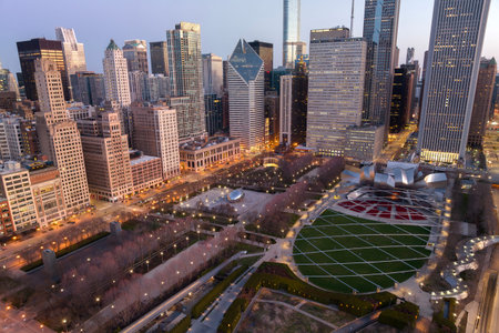 Cityscape of Chicago Riverwalk at Dusable bridge over Michigan river , Chicago city, USA
