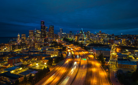 Chicago building city view from observation deck high level with sunset sky, cityscape of Michihan, USA, United states of americaの写真素材
