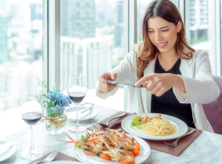 Arab couple lover dating and take a linch in Italian restaurant on the hotel rooftop with spaghetti on the table and take a food photo by her smart phoneの写真素材