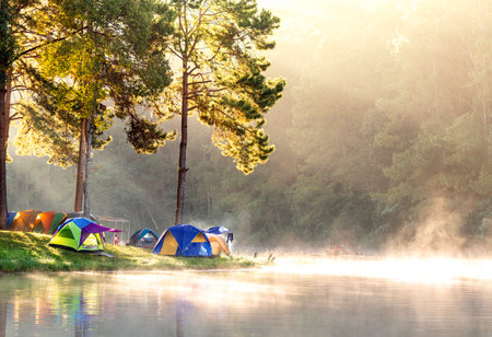 Pang Ung which officially called The Royal Forest Project at Pang Tong 2 at Mae Hong Son of Northern Thailand a small alpine lake and hill tribe village in morning and fog timeの写真素材