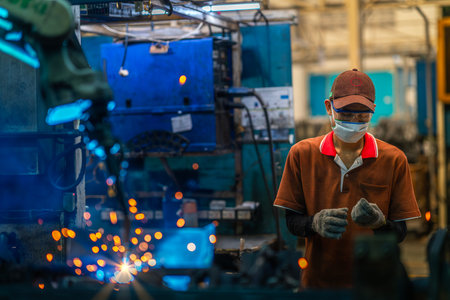 Asian worker working in old chinese factory in robot auto welding machine section and welding for...