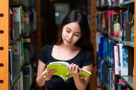 Asian woman student read text book in her university library for learning and doing home workの写真素材