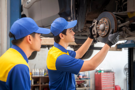 repairman and technician in car garage service in blue uniform standup and smile with tooling on hand for car check and maintenanceの写真素材