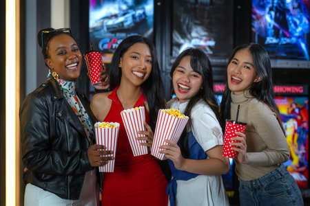 Happy group of friends of asian woman relax and go to Cimema in movie theater together and buy ticket and popcorn in sales counter serviceの写真素材