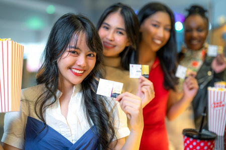 Happy group of friends of asian woman relax and go to Cimema in movie theater together and buy ticket and popcorn in sales counter serviceの写真素材