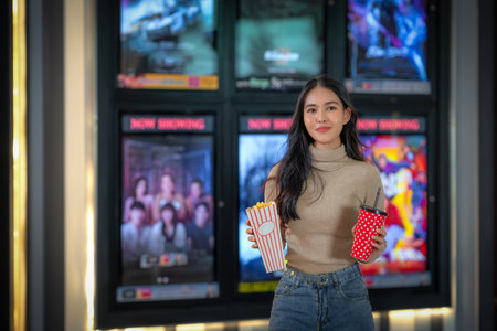 Happy group of friends of asian woman relax and go to Cimema in movie theater together and buy ticket and popcorn in sales counter serviceの写真素材