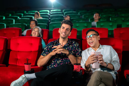 gay couple sweet and watching cinema together on red seat in theater, lgbt couple travel and relax in valentine dayの写真素材
