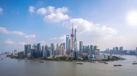 shanghai city from top view with river and morning sky background, shanghai, Chinaの写真素材