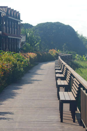 Chairs at Chiang Khan sidewalk,Chiang Khan District,Loei Province,Thailandの写真素材